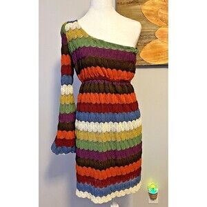 Judith March S? Retro Dress Boho Multi-Color Striped One Shoulder Balloon Sleeve